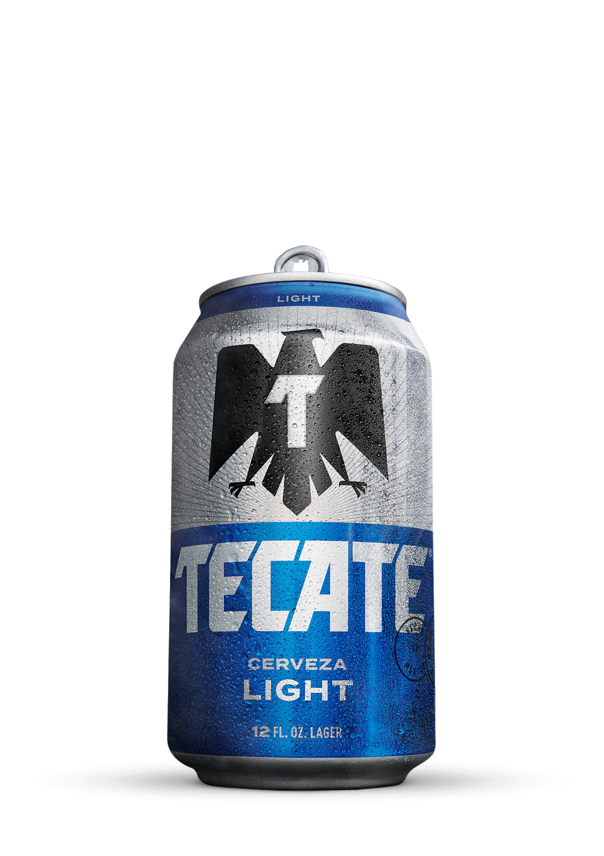 Tecate® Light 3.9% alc. vol. 12 oz blue and silver can.